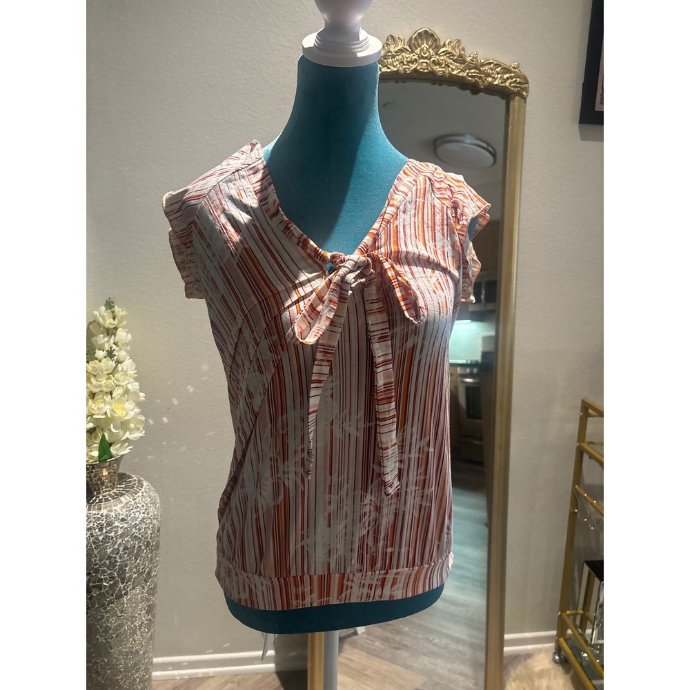 Orange White Striped Floral Tie Front Cap Sleeve‎ Blouse Top Women Small